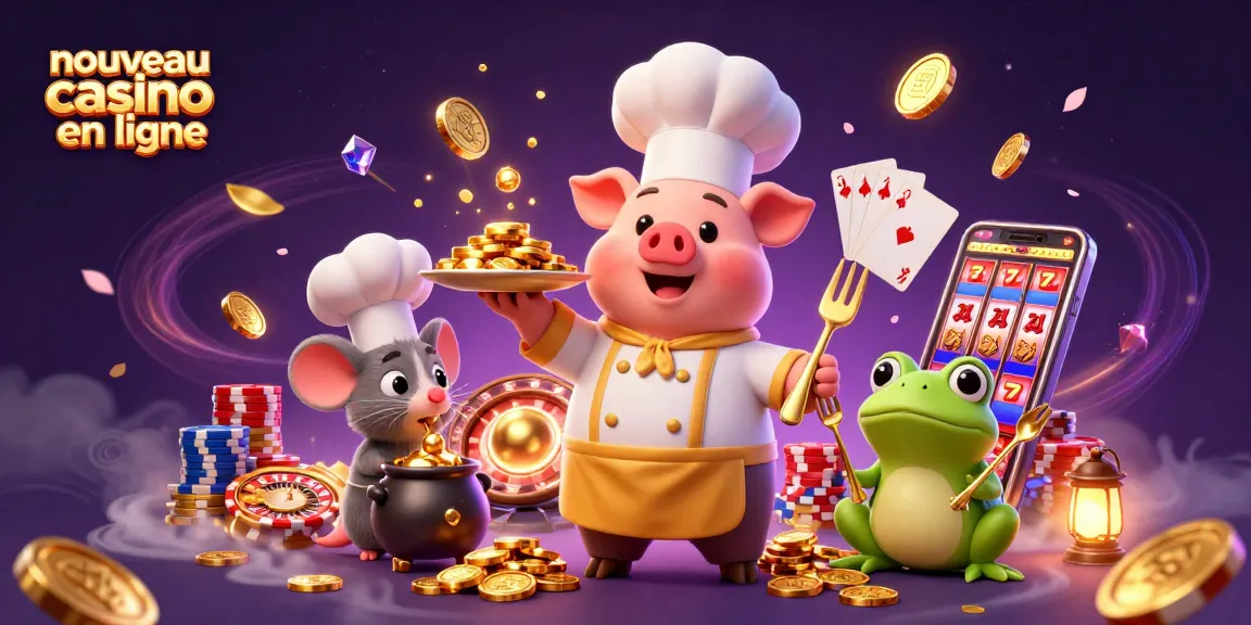 Illustration dynamique d'un chef, une souris et une grenouille au nouveau casino en ligne, entourés de jeux d'argent.