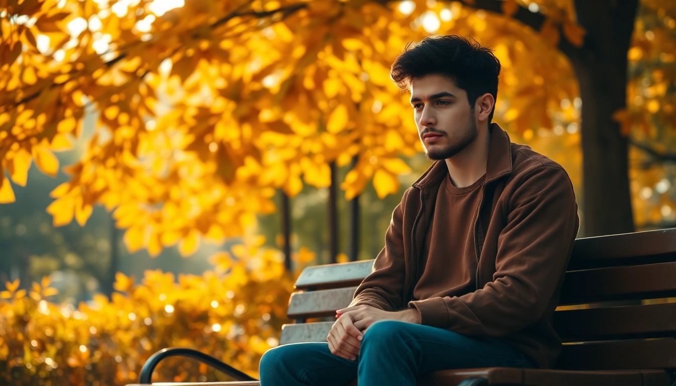 Illustrating depression symptoms through a thoughtful individual beneath autumn trees.
