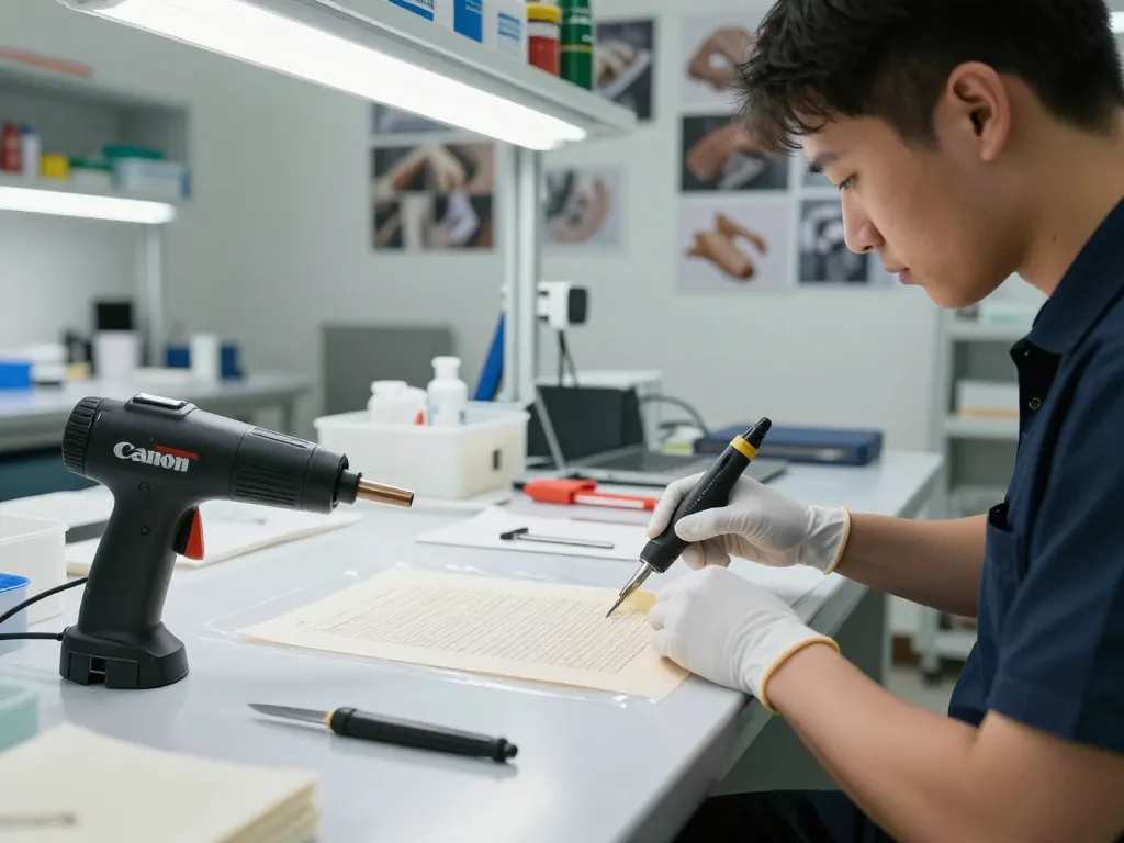 Bóc giấy ép uy tín hà nội trong một xưởng chuyên nghiệp, kỹ thuật viên khôi phục tài liệu tinh tế.