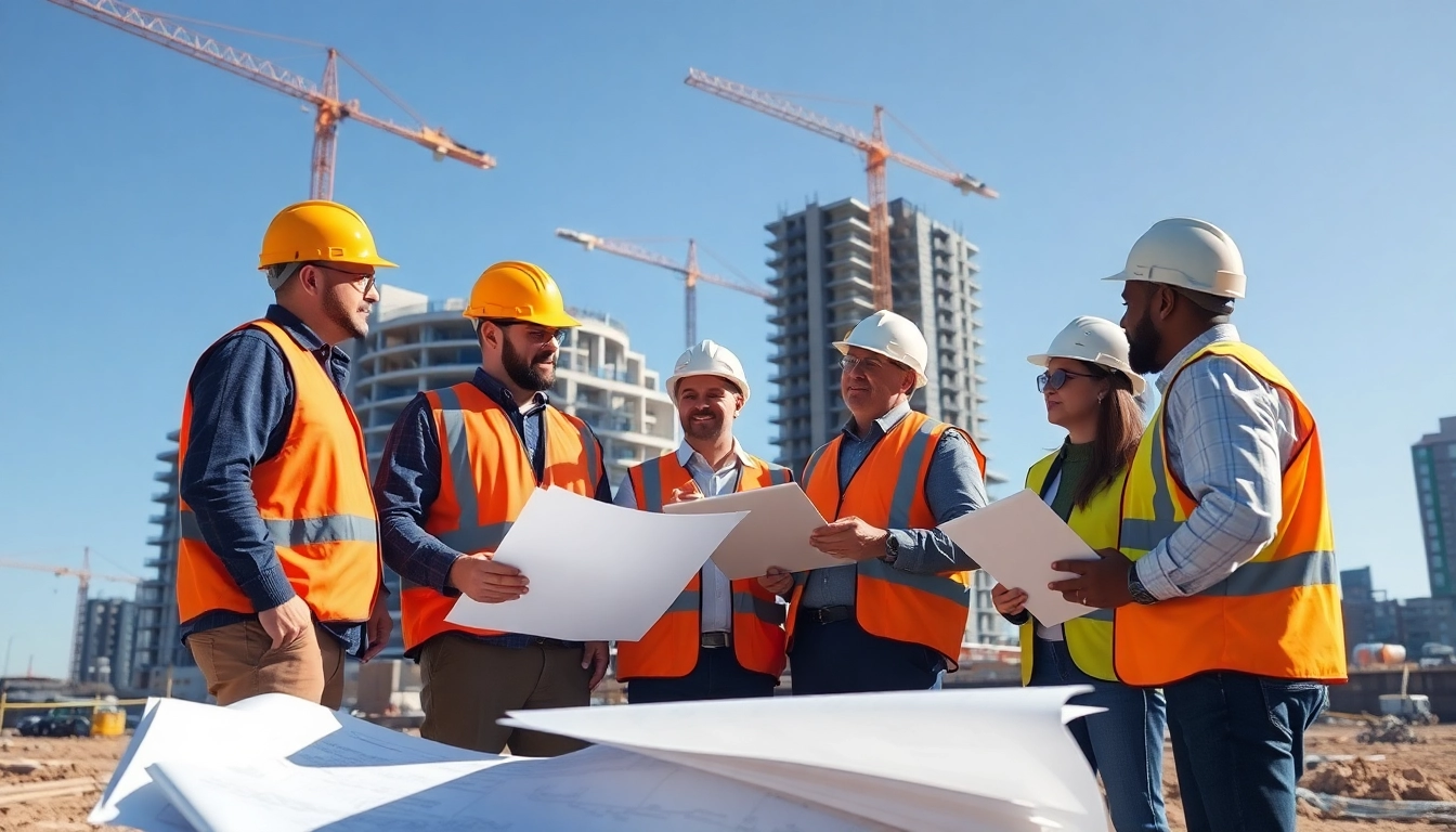 Building developer leading a construction project with blueprints on-site.