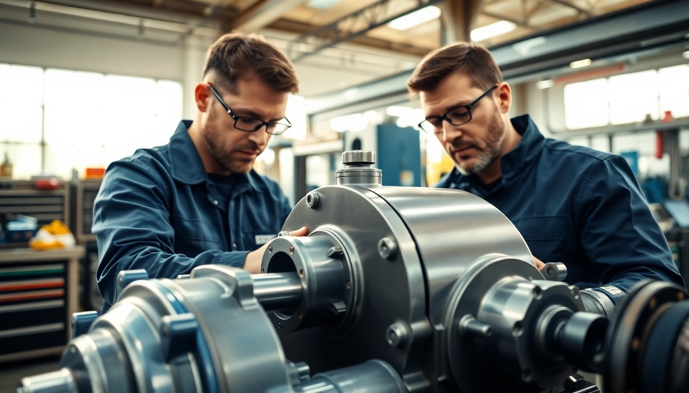 Technicians providing hydraulic pump services in a modern workshop setting.
