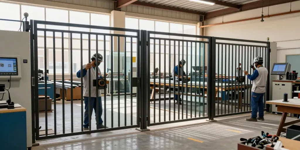 Craftsmen at Altaherdesign.ae's workshop creating elegant metal gates and glass panels, showcasing skill and tradition.