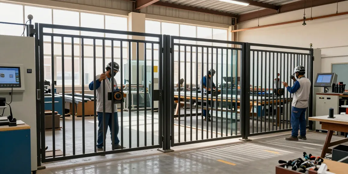 Craftsmen at Altaherdesign.ae's workshop creating elegant metal gates and glass panels, showcasing skill and tradition.