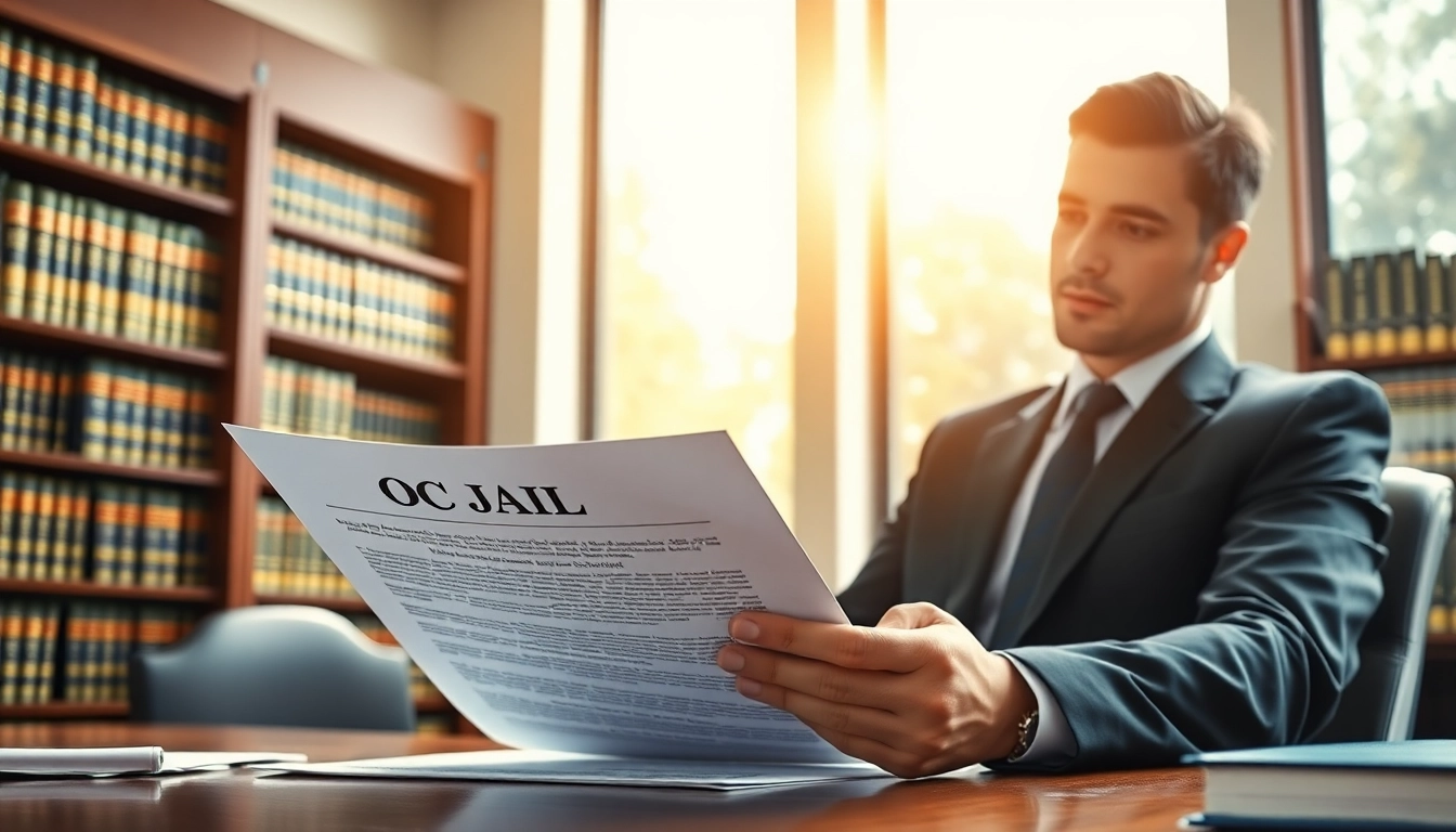 Lawyer analyzing documents about OC Jail in a professional setting.