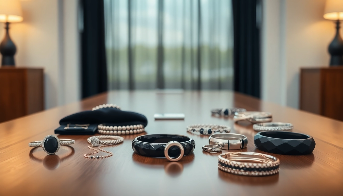 Explore exquisite men's jewelry showcasing fine rings, bracelets, and necklaces on a polished table.
