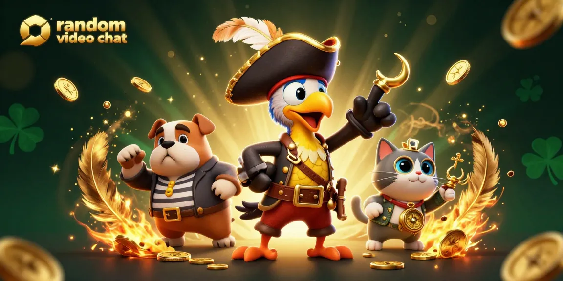 Engage with random video chat featuring energetic characters in a dynamic casino illustration.