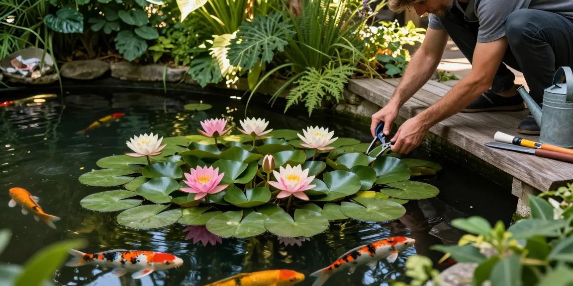 Water Lilies thriving on a serene garden pond, gardener tending to vibrant aquatic plants.