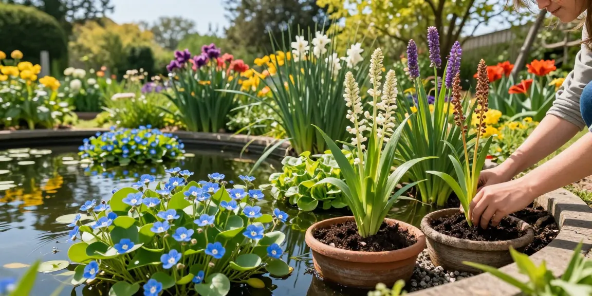 Buy Marginal Pond Plants in a serene garden setting, showcasing vibrant greenery and a person tending to aquatic baskets.