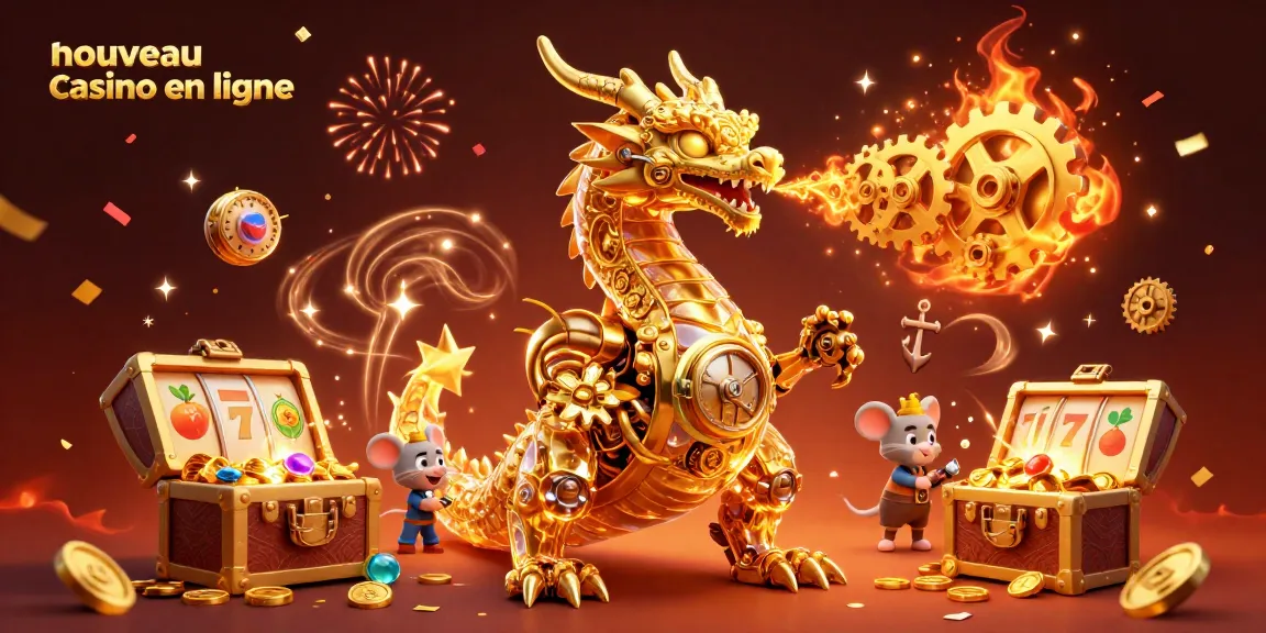 Illustration festive d'un nouveau casino en ligne avec un dragon et des symboles de machines à sous, avec des pièces d'or et des gemmes.