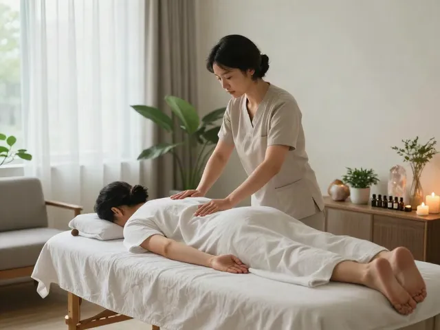 Experiencing a tranquil 성북구출장마사지 session with a skilled therapist in a calming, luxurious home environment.