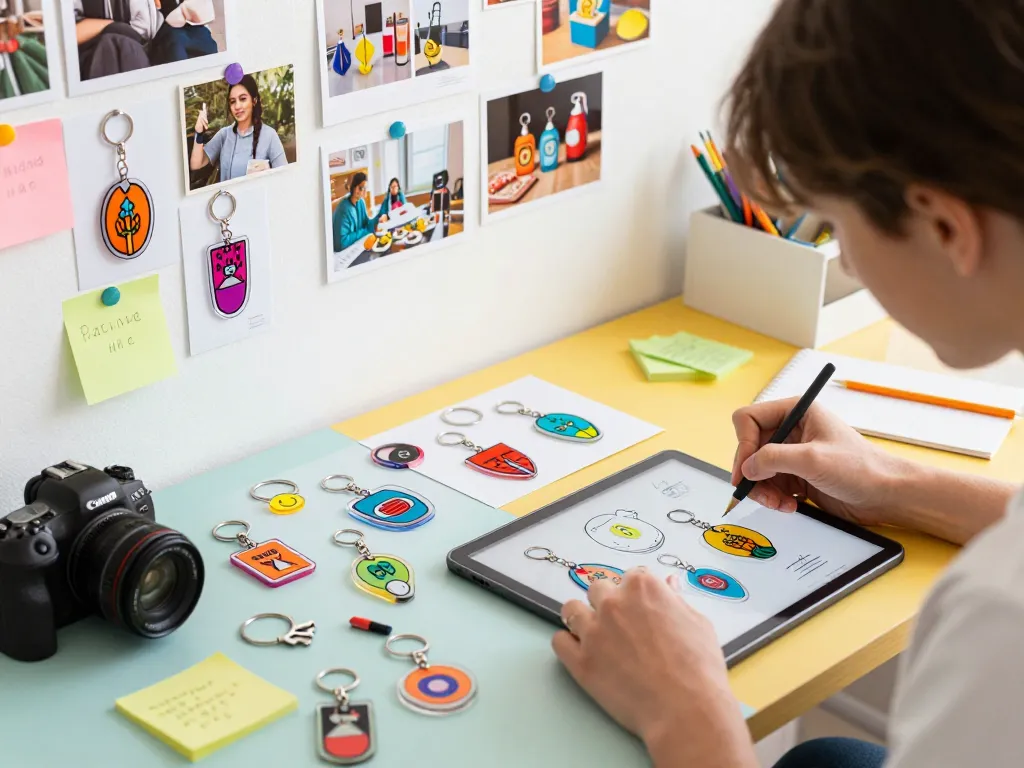 Custom acrylic keychains being designed at a creative workspace with vibrant colors and artistic elements.