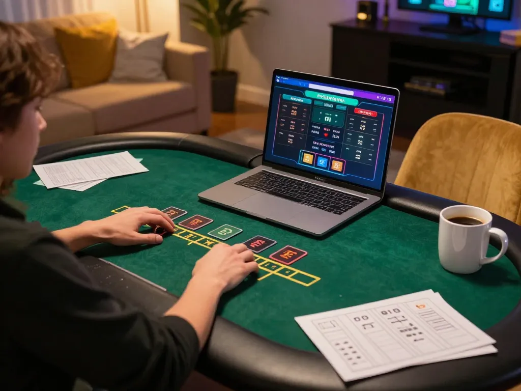 situs toto gameplay visible on laptop during intense online blackjack session in cozy home setting