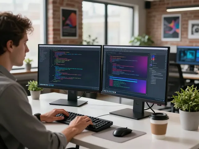 v2rayN官网 tech workspace with a developer coding on dual monitors and vibrant decor, enhancing productivity.