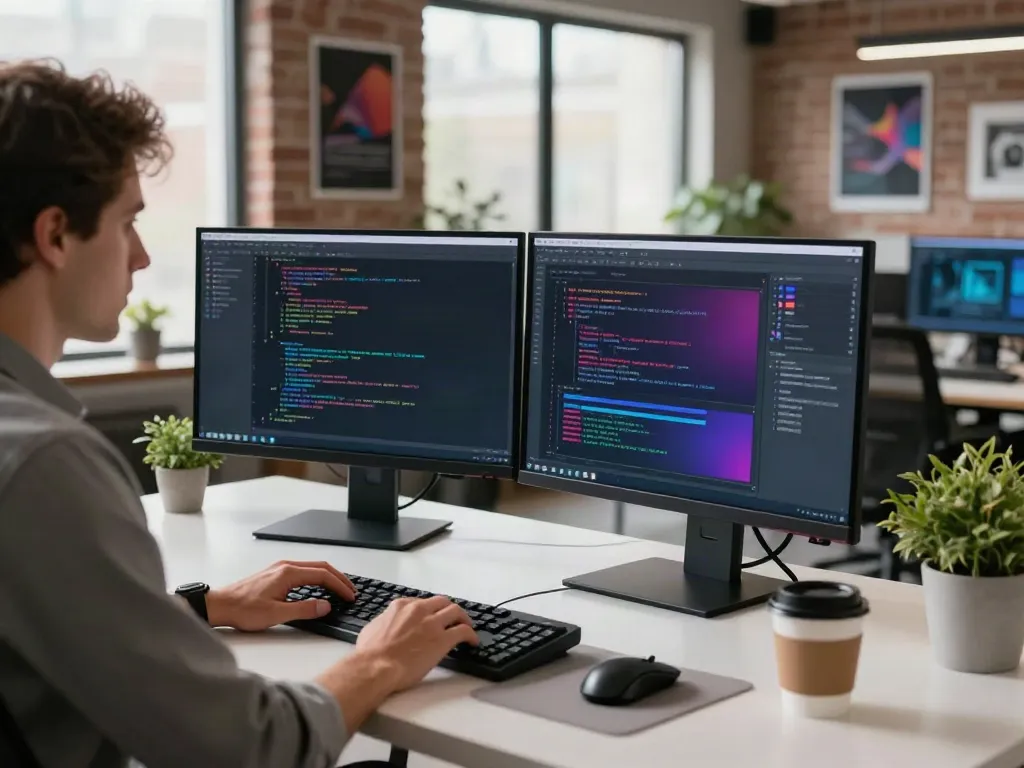 v2rayN官网 tech workspace with a developer coding on dual monitors and vibrant decor, enhancing productivity.