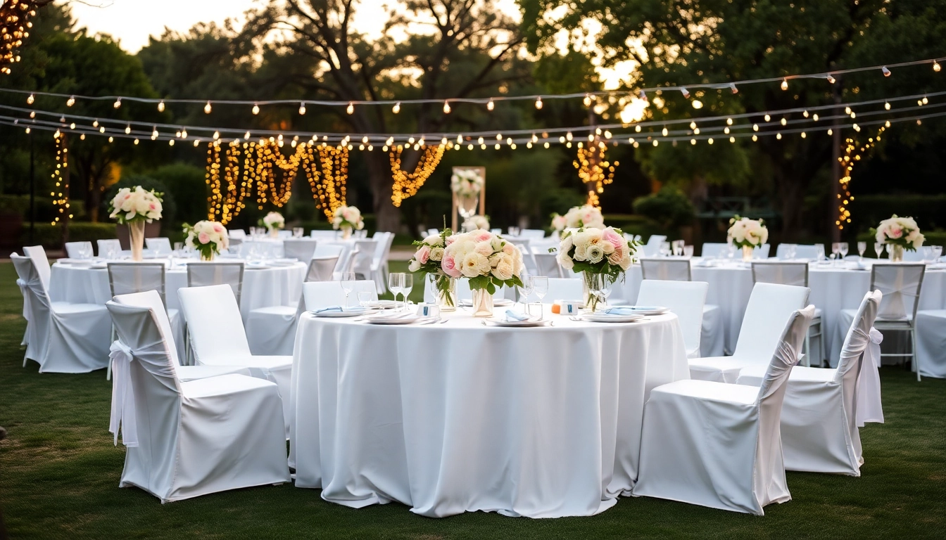 Captivating wedding & event rentals showcasing an elegant outdoor setup with lush flowers and soft lighting.