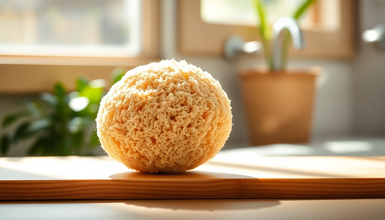 Exquisite raw loofah sponge showcasing its natural texture on a wooden shelf.