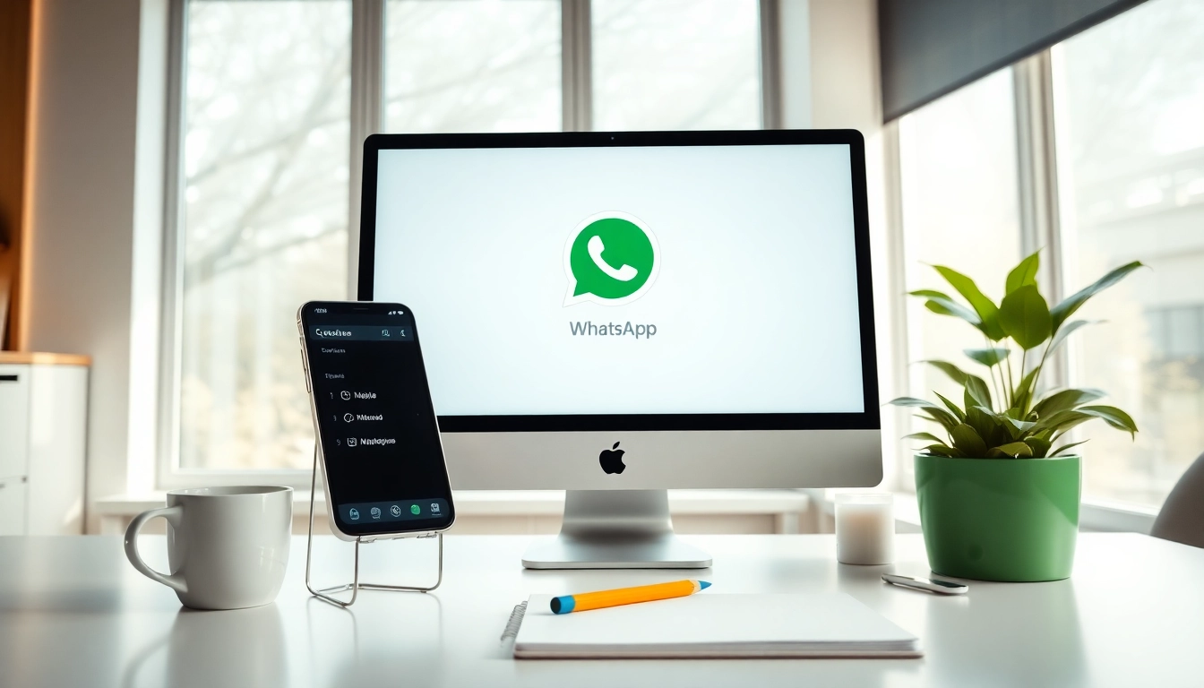 现代工作区电脑上的 WhatsApp网页版界面,象征无缝沟通。