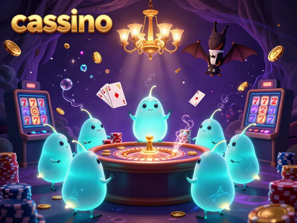 Experience the vibrant casino scene with glowworms and golden coins in a captivating illustration.