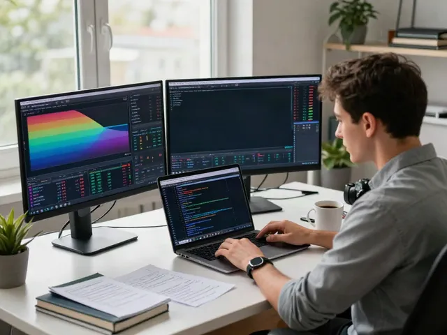 Engaged trader analyzing MetaTrader 5 screens in a modern home office
