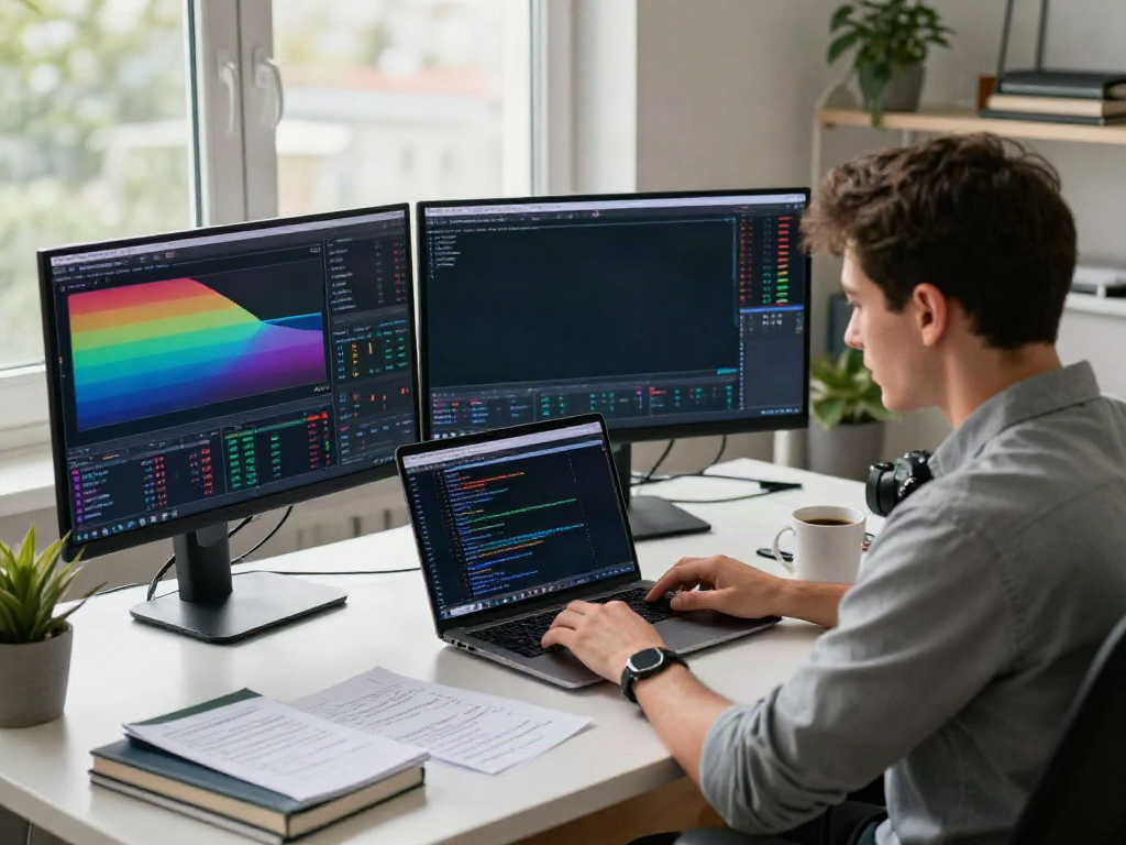 Engaged trader analyzing MetaTrader 5 screens in a modern home office