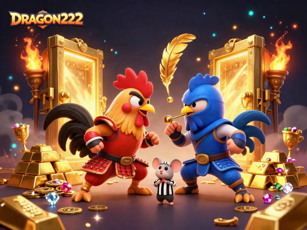 Engage with DRAGON222 in a thrilling 3D fight between roosters, amidst sparkling treasures.