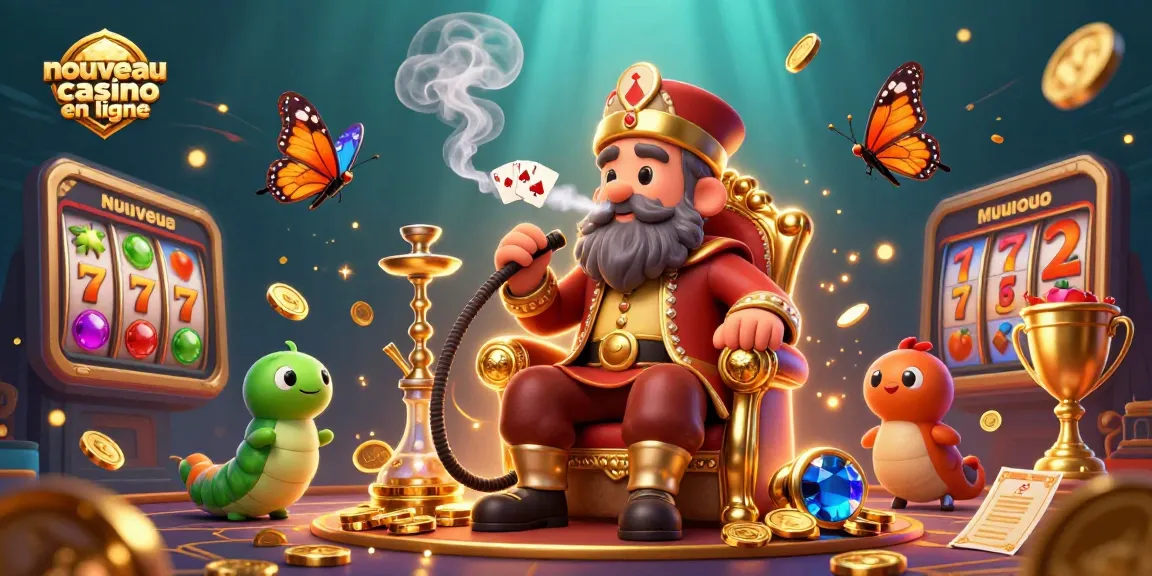 Illustration du nouveau casino en ligne avec un maître d'un énorme chenille en train de souffler des symboles de jeux de cartes.