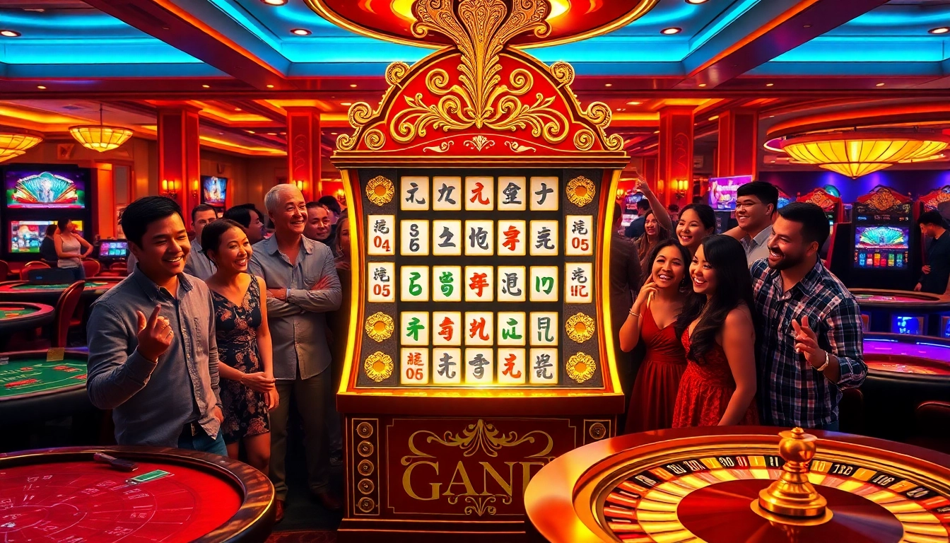 Rasakan ketegangan dari demo slot Mahjong dengan visual kasino mewah dan pemain yang antusias.