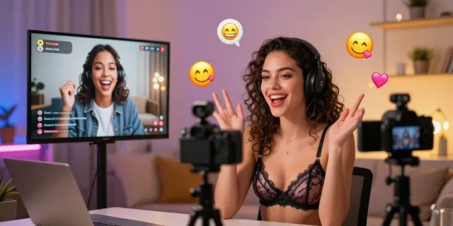 Live porn show with performers engaging in playful interactions, vibrant colors, and digital chat elements.