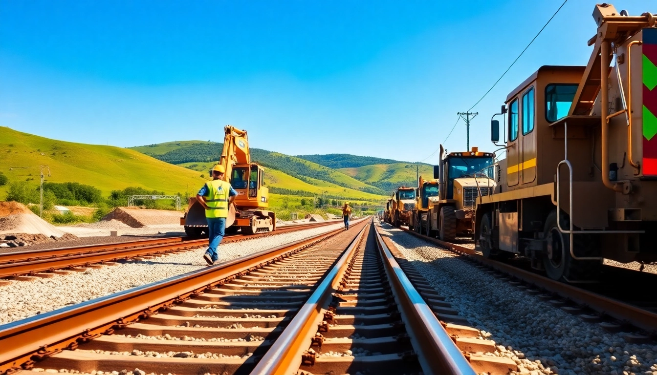 Showcasing North American rail services with professionals examining tracks and operations on a construction site.
