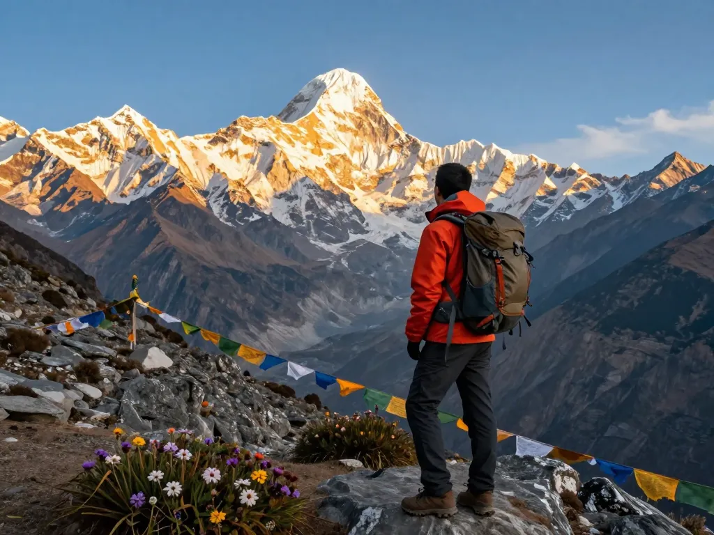 Annapurna Circuit trekking scene with a traveler at a mountain viewpoint, enjoying breathtaking Himalayan views at sunrise.