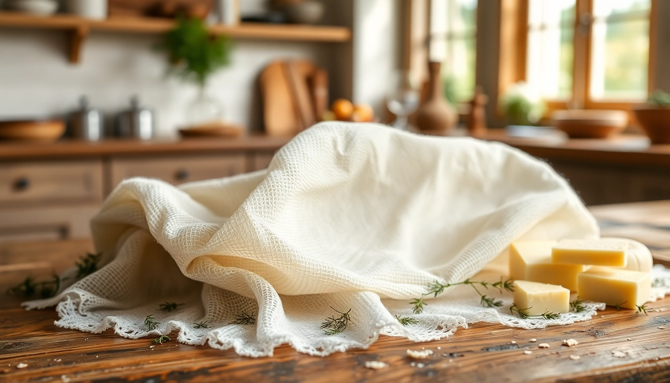 Gebruik van kaasdoek voor het maken van kaas, benadrukt in een rustieke keuken.