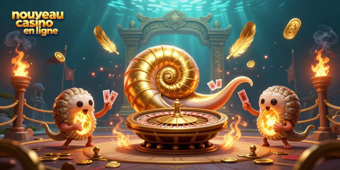 Découvrez l'univers du nouveau casino en ligne avec un nautilus géant utilisant un rouleaux doré.