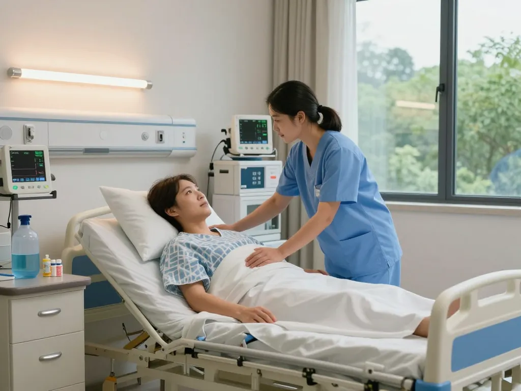 High-quality giường bệnh nhân in a hospital room with a caregiver ensuring patient comfort.