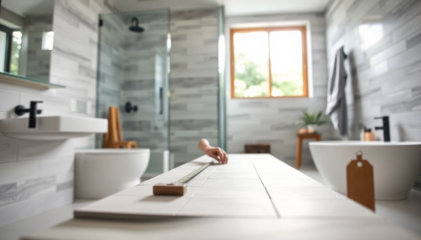 Skilled bathroom renovation contractors near me measuring tiles in a modern bathroom setup.