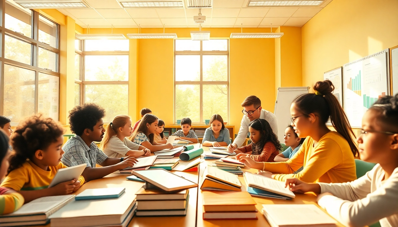 Education-focused classroom scene showcasing diverse students collaborating with digital tools and materials.