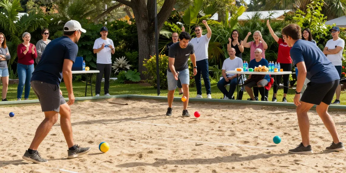 Permainan petanque di fopikotabanjarma.org dengan pemain beragam di bawah sinar matahari.