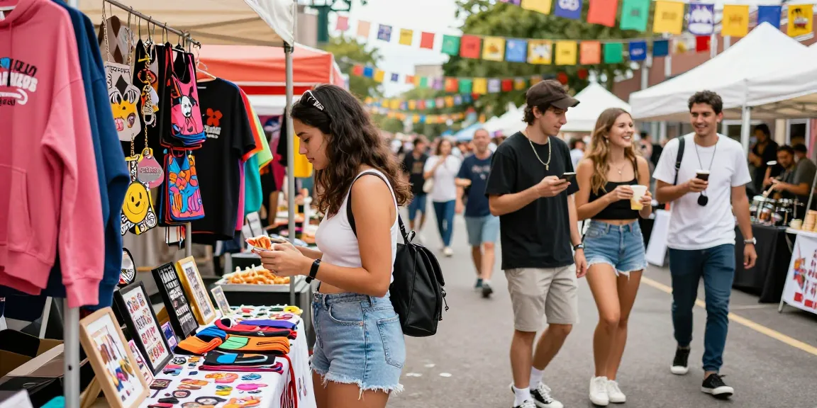 Joyful street festival scene highlighting rokok88 merchandise and vibrant community interactions.
