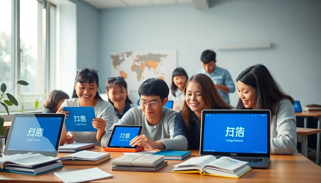 Students using 有道 translation devices in an innovative learning environment.
