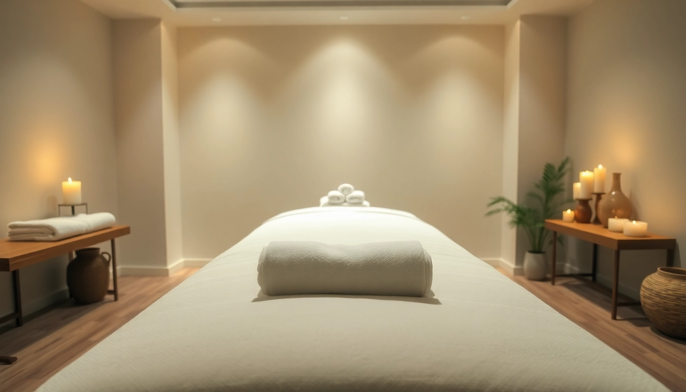 출장마사지 in a serene spa room with calming colors and professional setup.