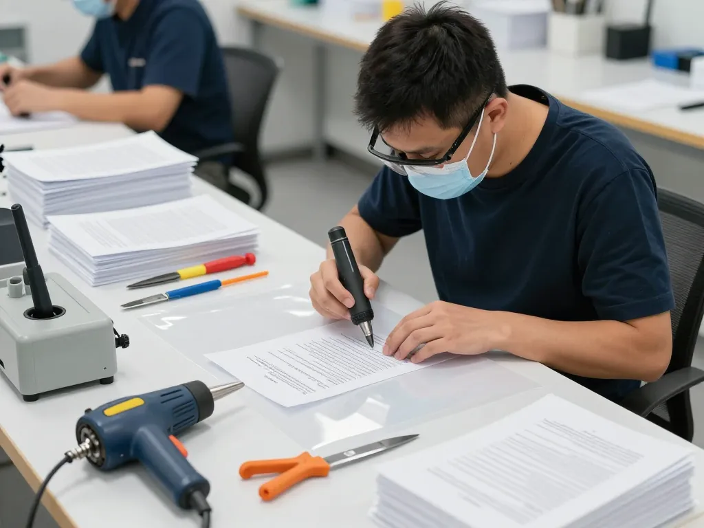 Bóc giấy ép uy tín hà nội service in action, expertly removing plastic from documents without damage.