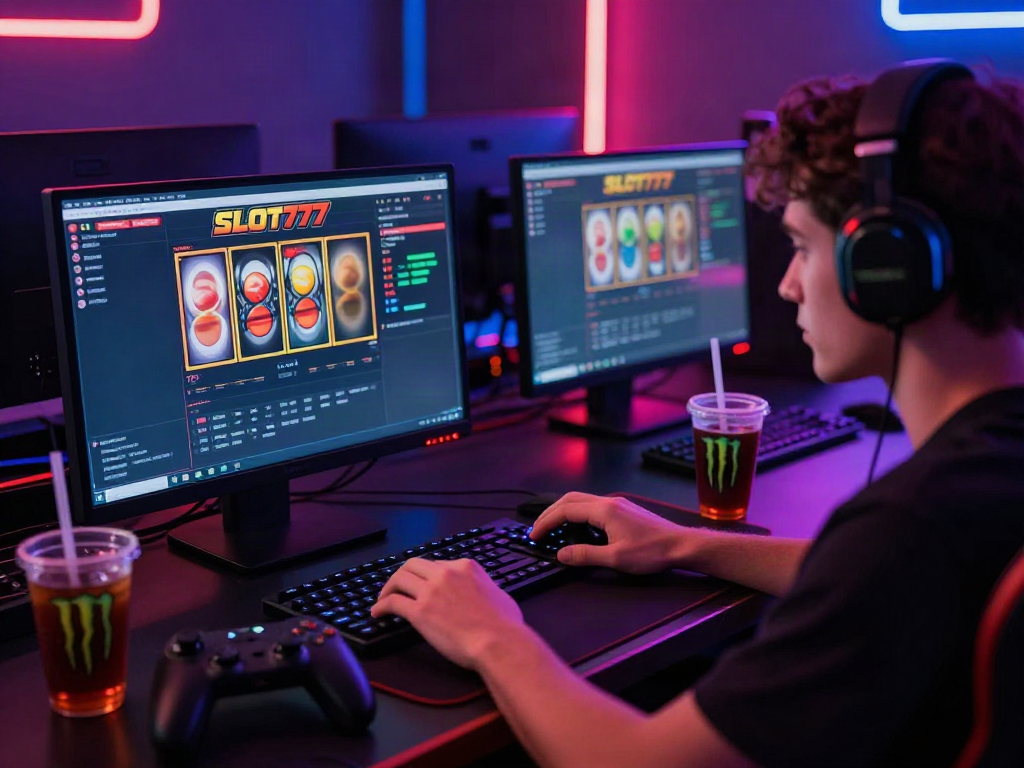 Permainan online slot777 yang menarik dengan pemain terfokus di laptopnya di ruang gaming yang menyala.