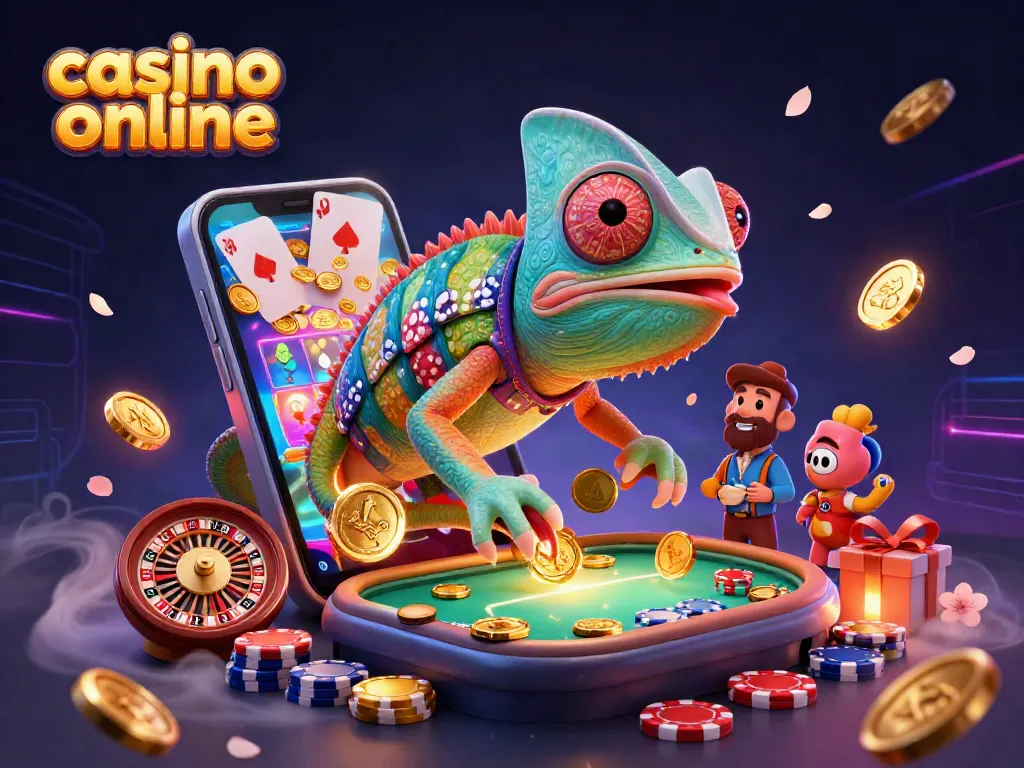 I migliori casino online presentano un camaleonte che cattura monete d'oro, circondato da giochi e carte.