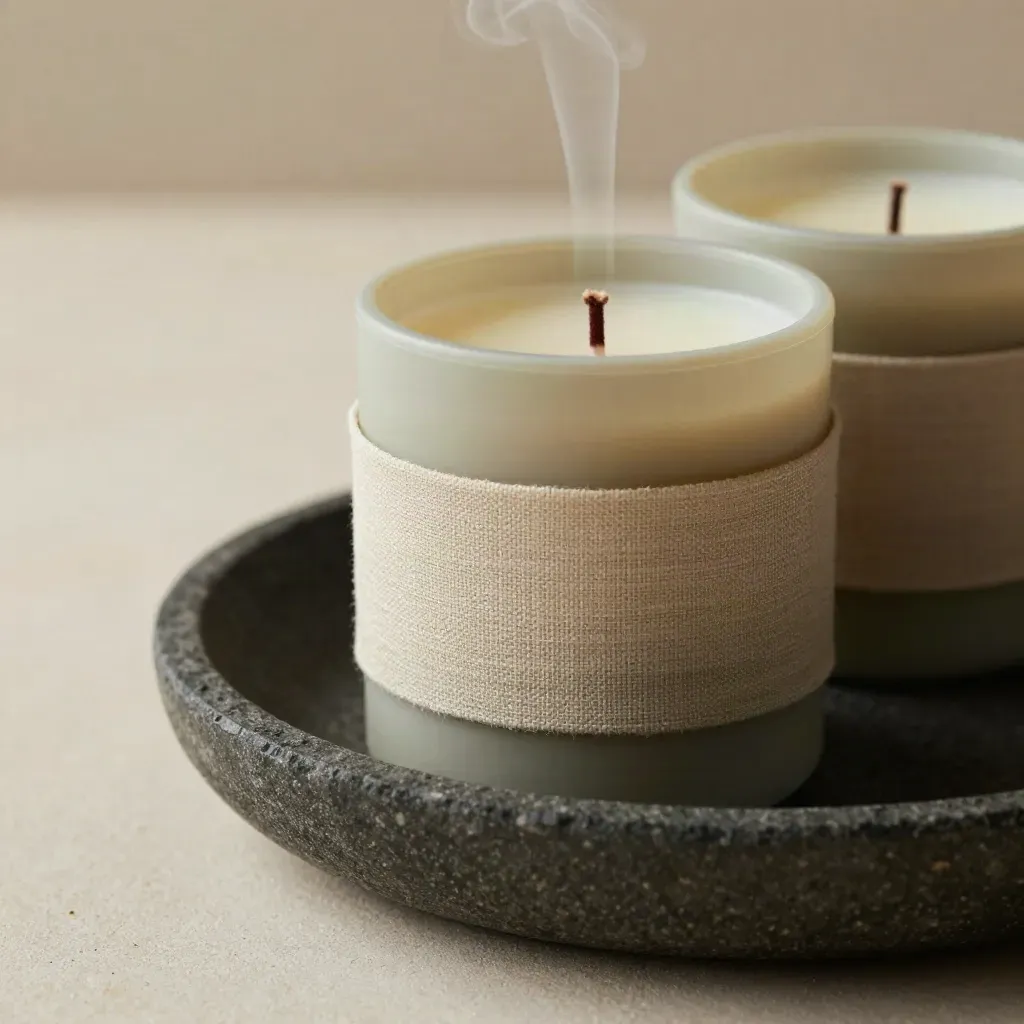 Two sage soy candles on stone, one just snuffed with a thin smoke thread.