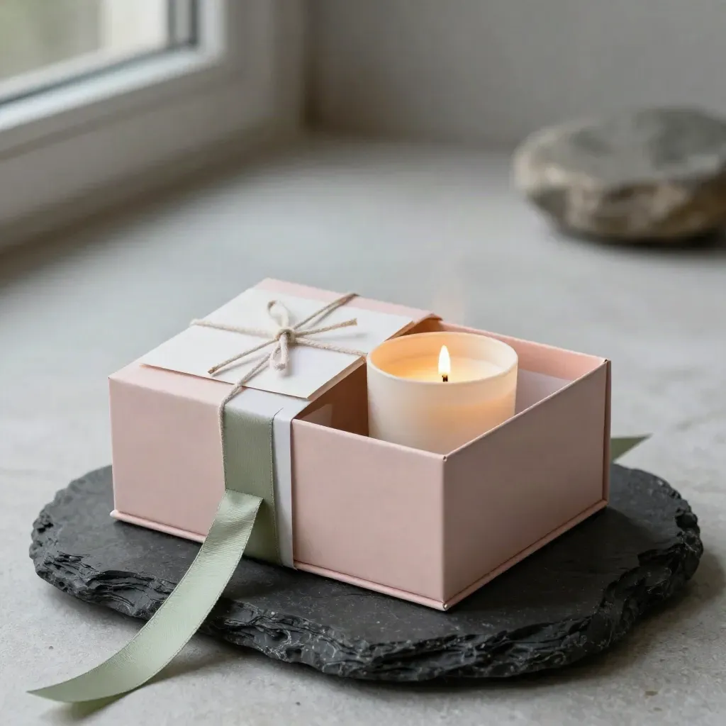 Open blush candle gift box with ribbon, note card, tissue and candle on stone in dramatic light