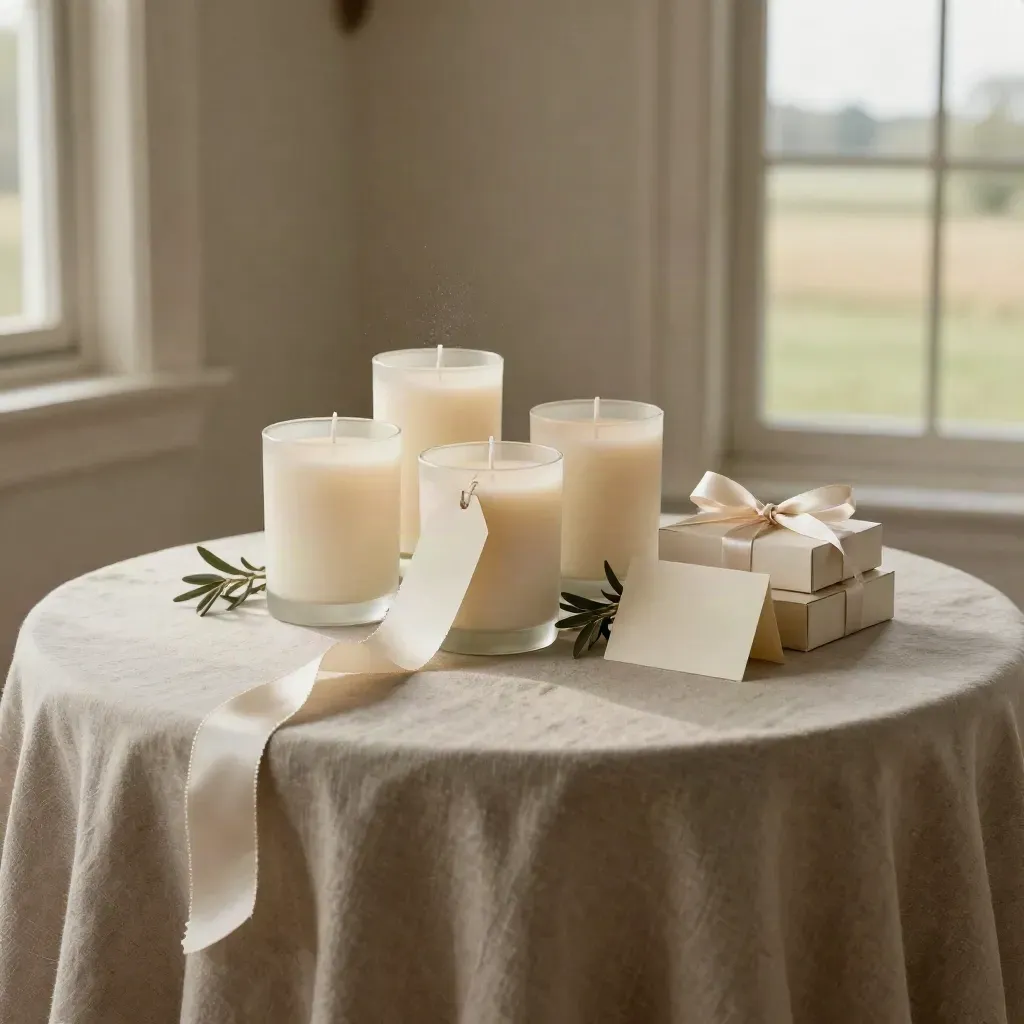 Bridal favor candle set with ribboned votives and favor boxes on a linen banquet table.