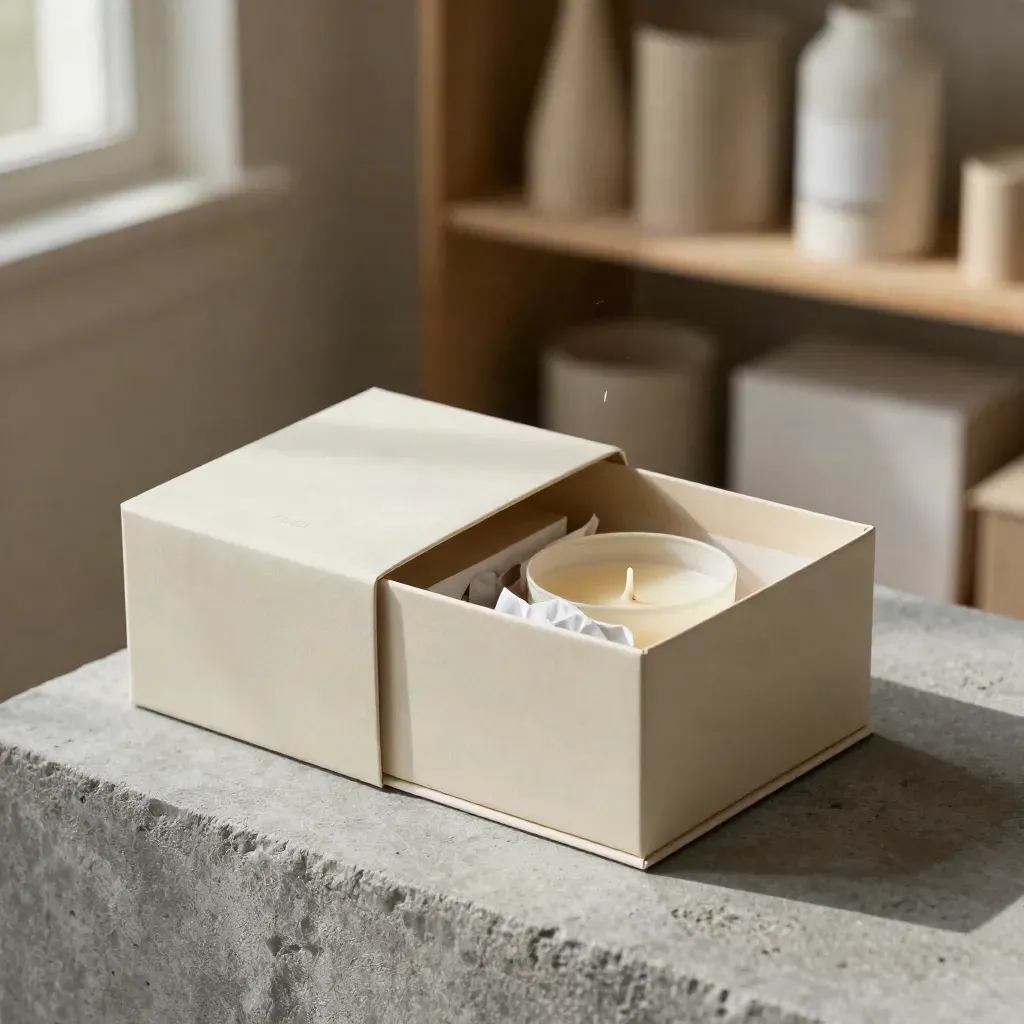 Half-open personalized candle gift box with tissue, insert, and card sleeve on linen.