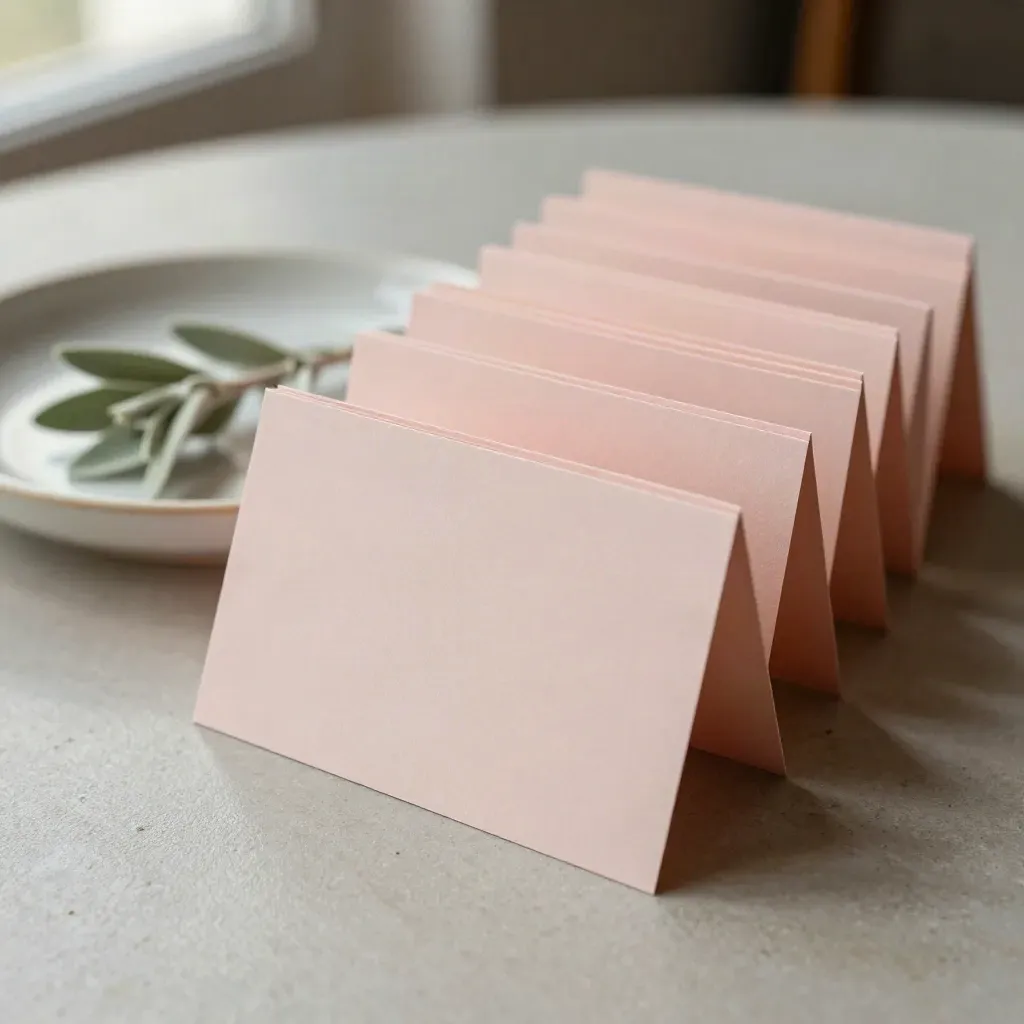 Blush table place cards and a ceramic dish on plaster with a soft sage accent.