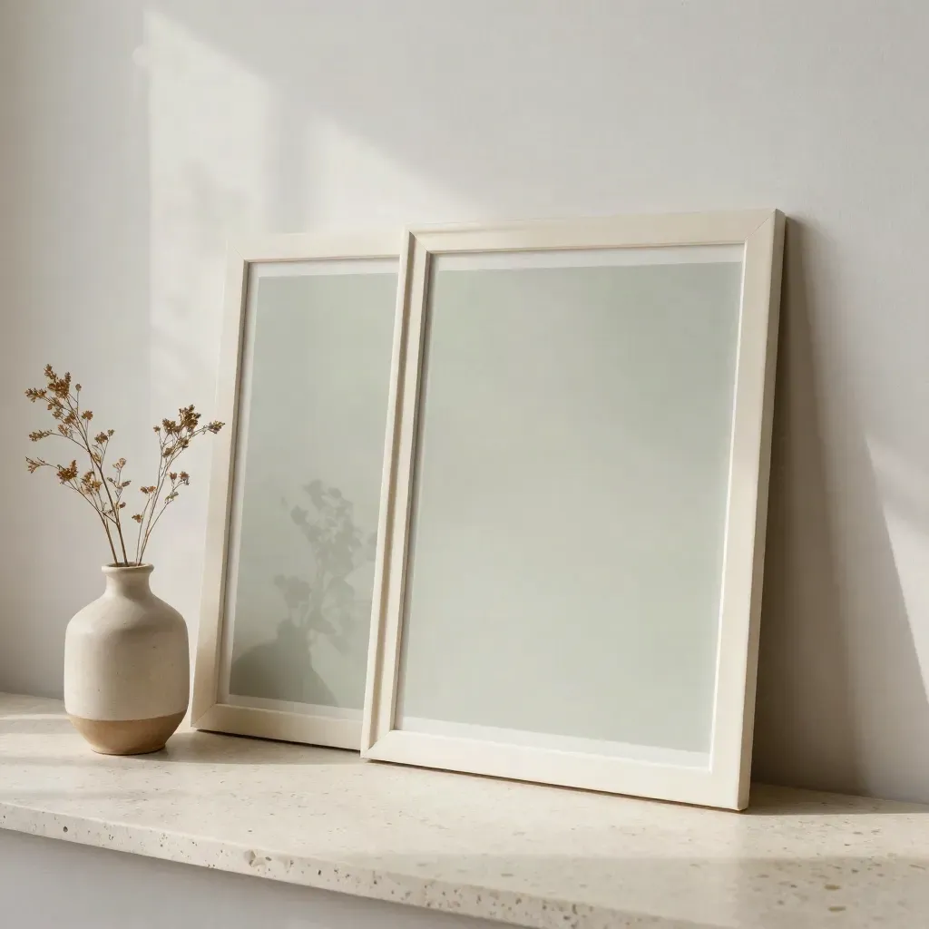 Seasonal print set beside a ceramic vase and dried stems in soft window light.