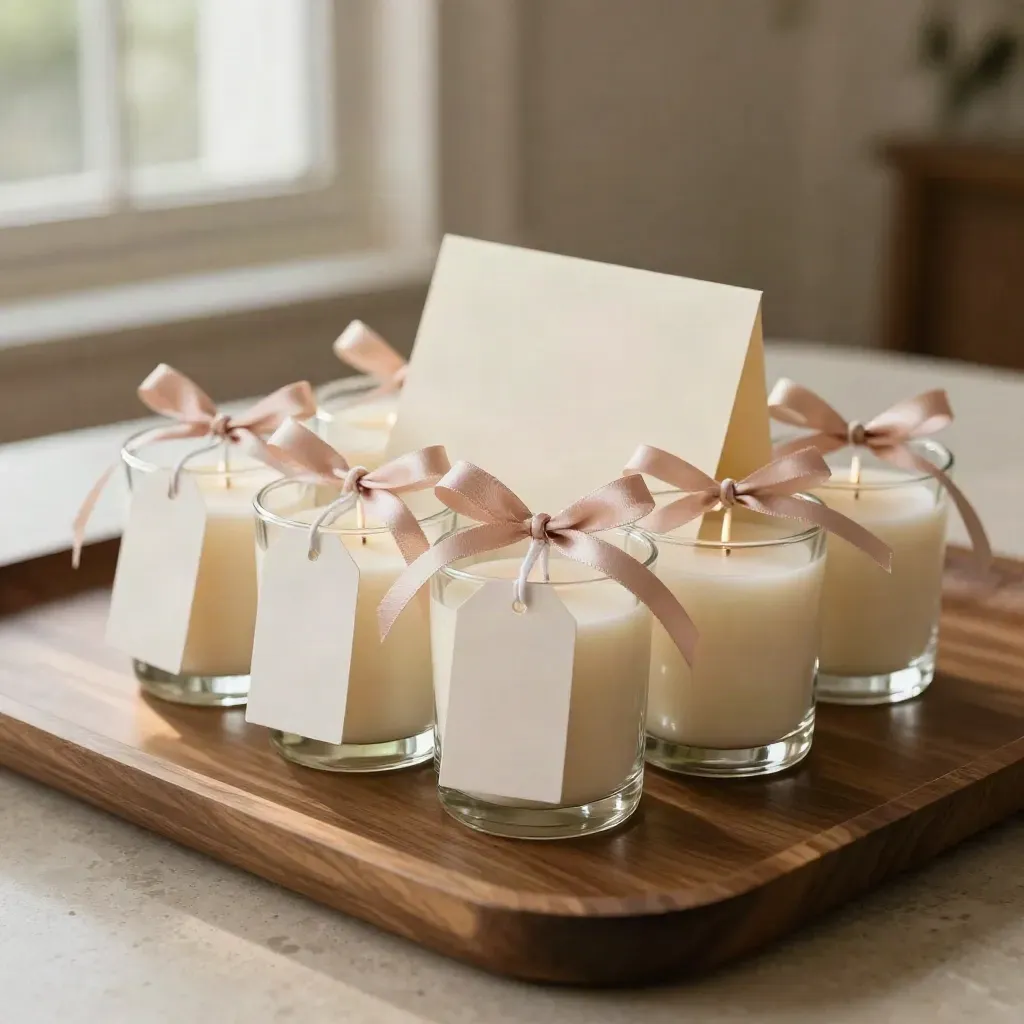 Bridal favor candle bundle with blush ribbons and blank tags on warm stone, softly lit.