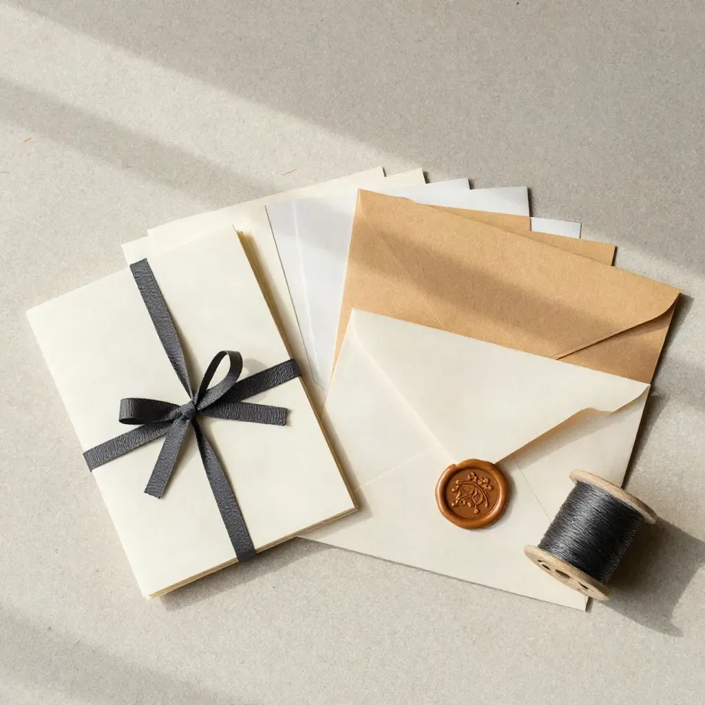Overhead flatlay of wax-sealed notes, envelopes and ribbon spool on pale stone.